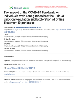 The Impact of the COVID-19 Pandemic on Individuals with Eating Disorders: the Role of Emotion Regulation and Exploration of Online Treatment Experiences