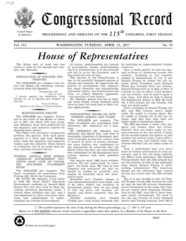 Congressional Record United States Th of America PROCEEDINGS and DEBATES of the 115 CONGRESS, FIRST SESSION