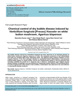 Chemical Control of Dry Bubble Disease Induced by Verticillium Fungicola [Preuss] Hassebr on White Button Mushroom, Agaricus Bisporous