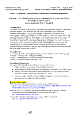 Course 1: Social-Ecological Systems: Challenges & Approaches (15Hp)