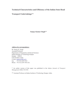 Technical Characteristics and Efficiency of the Indian State Road