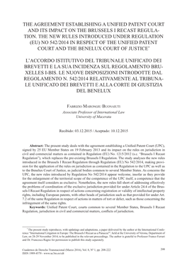 The Agreement Establishing a Unified Patent Court and Its Impact on the Brussels I Recast Regula- Tion