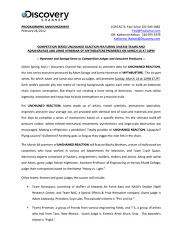 PROGRAMMING ANNOUNCEMENT CONTACTS: Paul Schur 202-549-5882 February 28, 2012 Paul@Paulschur.Com -OR- Katherine Nelson 310-975-5975 Katherine Nelson@Discovery.Com