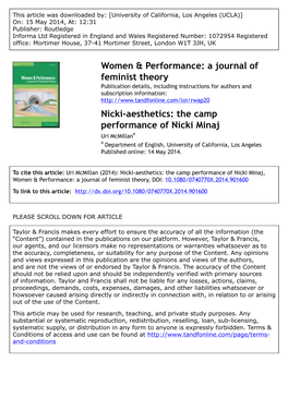 Nicki-Aesthetics: the Camp Performance of Nicki Minaj Uri Mcmillana a Department of English, University of California, Los Angeles Published Online: 14 May 2014