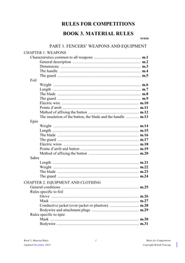 RULES for COMPETITIONS BOOK 3. MATERIAL RULES Article PART 1