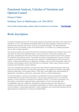 Functional Analysis, Calculus of Variations and Optimal Control Francis Clarke Graduate Texts in Mathematics Vol
