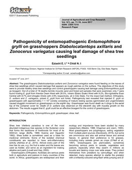 Pathogenicity of Entomopathogenic Entomophthora Grylli on Grasshoppers Diabolocatantops Axillaris and Zonocerus Variegatus Causing Leaf Damage of Shea Tree Seedlings