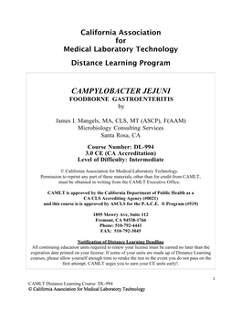 CAMPYLOBACTER JEJUNI FOODBORNE GASTROENTERITIS by ! ! James I