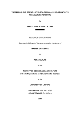 The Feeding and Growth of Tilapia Rendalli in Relation to Its Aquaculture Potential