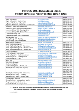 University of the Highlands and Islands Student Admissions, Registry and Fees Contact Details