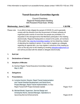 Transit Executive Committee Agenda Council Chambers Regional Headquarters Building 605 Rossland Road East, Whitby