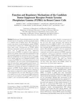 Function and Regulatory Mechanisms of the Candidate Tumor Suppressor Receptor Protein Tyrosine Phosphatase Gamma (PTPRG) in Breast Cancer Cells