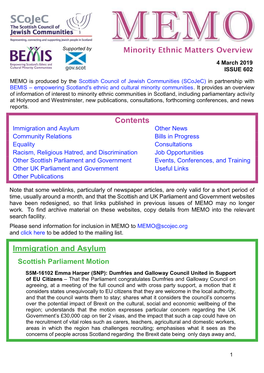 MEMO Is Produced by the Scottish Council of Jewish Communities (Scojec) in Partnership with BEMIS – Empowering Scotland's Ethnic and Cultural Minority Communities