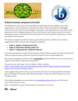 IB Math SL Summer Assignment and Formula Booklet.Pdf