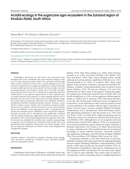 Acridid Ecology in the Sugarcane Agro-Ecosystem in the Zululand Region of Kwazulu-Natal, South Africa