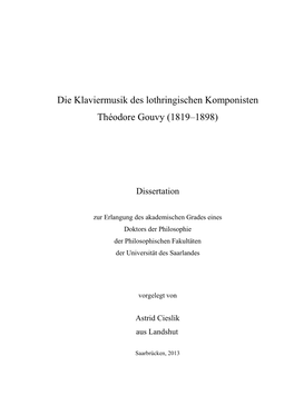 Die Klaviermusik Des Lothringischen Komponisten Théodore Gouvy (1819–1898)