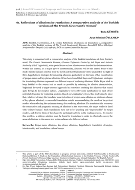 61. Reflections of Allusions in Translation: a Comparative Analysis of the Turkish Versions of the French Lieutenant’S Woman