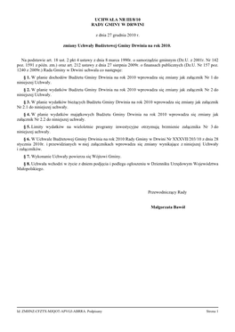 UCHWAŁA NR III/8/10 RADY GMINY W DRWINI Z Dnia 27 Grudnia 2010 R. Zmiany Uchwały Budżetowej Gminy Drwinia Na Rok 2010. Na