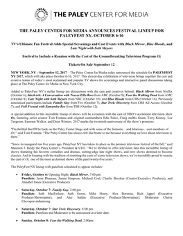 The Paley Center for Media Announces Festival Lineup for Paleyfest Ny, October 6-16