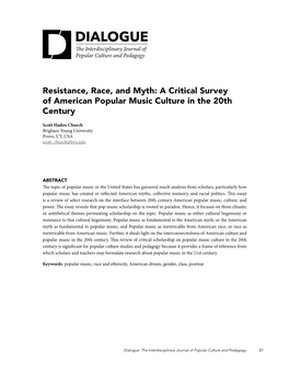 Resistance, Race, and Myth: a Critical Survey of American Popular Music Culture in the 20Th Century