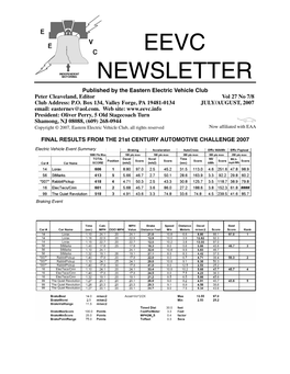 EEVC NEWSLETTER Published by the Eastern Electric Vehicle Club Peter Cleaveland, Editor Vol 27 No 7/8 Club Address: P.O