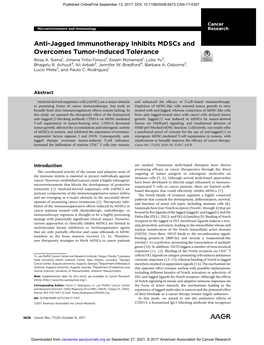 Anti-Jagged Immunotherapy Inhibits Mdscs and Overcomes Tumor-Induced Tolerance Rosa A