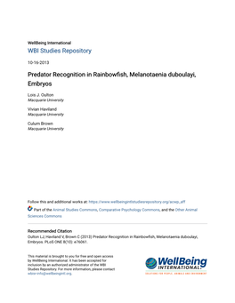 Predator Recognition in Rainbowfish, Melanotaenia Duboulayi, Embryos