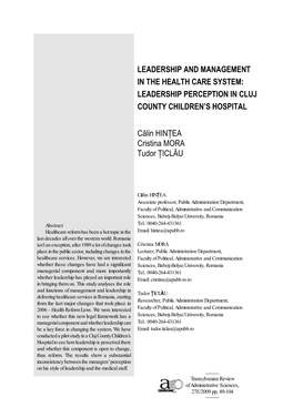 Leadership and Management in the Health Care System: Leadership Perception in Cluj County Children’S Hospital