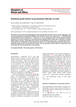 Dominant Point Defects in Germanium Telluride Crystals [ ] [ ] [ ] [ ] Te