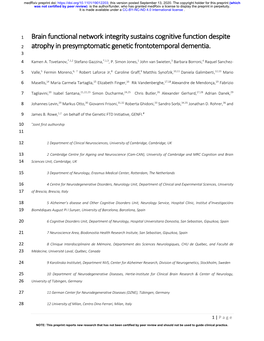 Brain Functional Network Integrity Sustains Cognitive Function Despite 2 Atrophy in Presymptomatic Genetic Frontotemporal Dementia