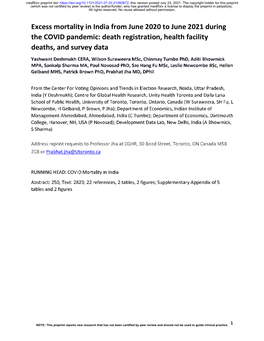 Excess Mortality in India from June 2020 to June 2021 During the COVID Pandemic: Death Registration, Health Facility Deaths, and Survey Data