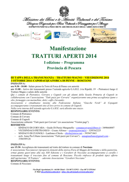 Manifestazione TRATTURI APERTI 2014 I Edizione – Programma Provincia Di Pescara