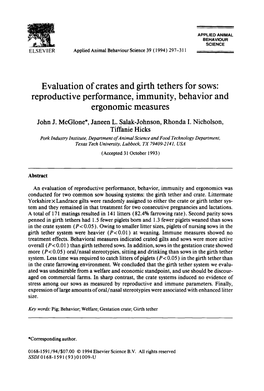 Evaluation of Crates and Girth Tethers for Sows: Reproductive Performance, Immunity, Behavior and Ergonomic Measures