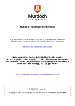The Captive Husbandry and Reproduction of the Pink-Eared Turtle (Emydura Victoriae) at Perth Zoo