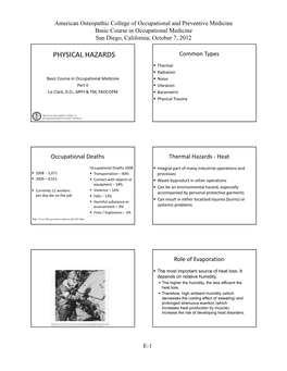 PHYSICAL HAZARDS Common Types