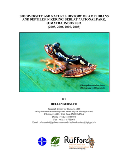 Biodiversity and Natural History of Amphibians and Reptiles in Kerinci Seblat National Park, Sumatra, Indonesia (2005, 2006, 2007, 2008)