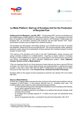 La Mède Platform: Start-Up of Ecoslops Unit for the Production of Recycled Fuel