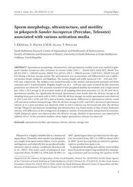 Sperm Morphology, Ultrastructure, and Motility in Pikeperch Sander Lucioperca (Percidae, Teleostei) Associated with Various Activation Media