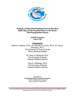 Analysis of Agricultural Nonpoint Source Runoff to Baffin Bay and Its Possible Effect on the Brown Tide Phytoplankton Bloom