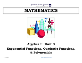 Algebra I: Unit 3 Exponential Functions, Quadratic Functions, & Polynomials