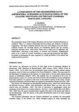 A Comparison of the Grasshopper Fauna (Orthoptera: Acridoidea & Eumast Acoidea) of the Uluguru Mountains and the East Usambara Mountains, Tanzania