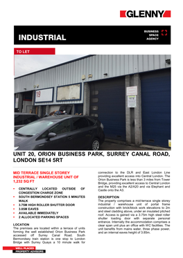 Unit 20, Orion Business Park, Surrey Canal Road, London Se14 5Rt