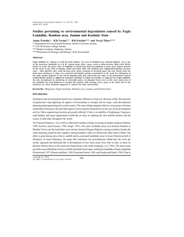 Studies Pertaining to Environmental Degradation Caused by Fagla Landslide, Ramban Area, Jammu and Kashmir State