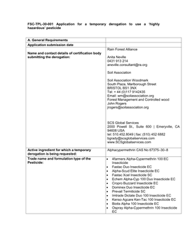 FSC-TPL-30-001 Application for a Temporary Derogation to Use a ‘Highly Hazardous’ Pesticide