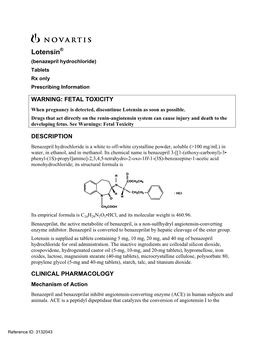 Lotensin® (Benazepril Hydrochloride) Tablets Rx Only Prescribing Information