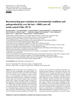 Reconstructing Past Variations in Environmental Conditions and Paleoproductivity Over the Last ∼ 8000 Years Off North-Central Chile (30◦ S)