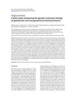 Original Article a Pilot Study Comparing the Genetic Molecular Biology of Gestational and Non-Gestational Choriocarcinoma