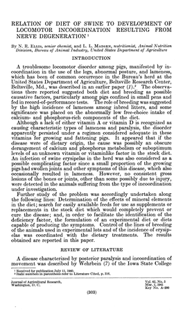 RELATION of DIET of SWINE to DEVELOPMENT of LOCOMOTOR INCOORDINATION RESULTING from NERVE DEGENERATION ' a Troublesome Locomotor