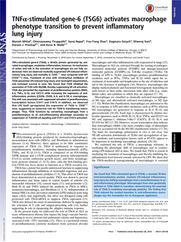 Tnfα-Stimulated Gene-6 (TSG6) Activates Macrophage PNAS PLUS Phenotype Transition to Prevent Inflammatory Lung Injury