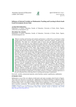 Influence of Selected Variables on Mathematics Teaching and Learning in Ilorin South Local Government, Kwara State